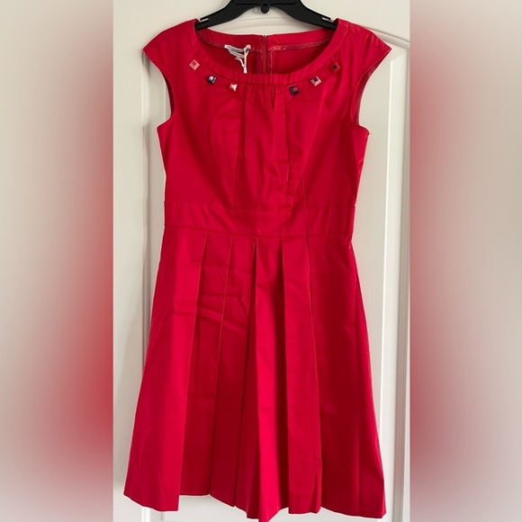 BIANCOGHIACCIO (NWT)Women’s Red Fit & Flare Abstract Button Italian Made Dress-M - Picture 2 of 7